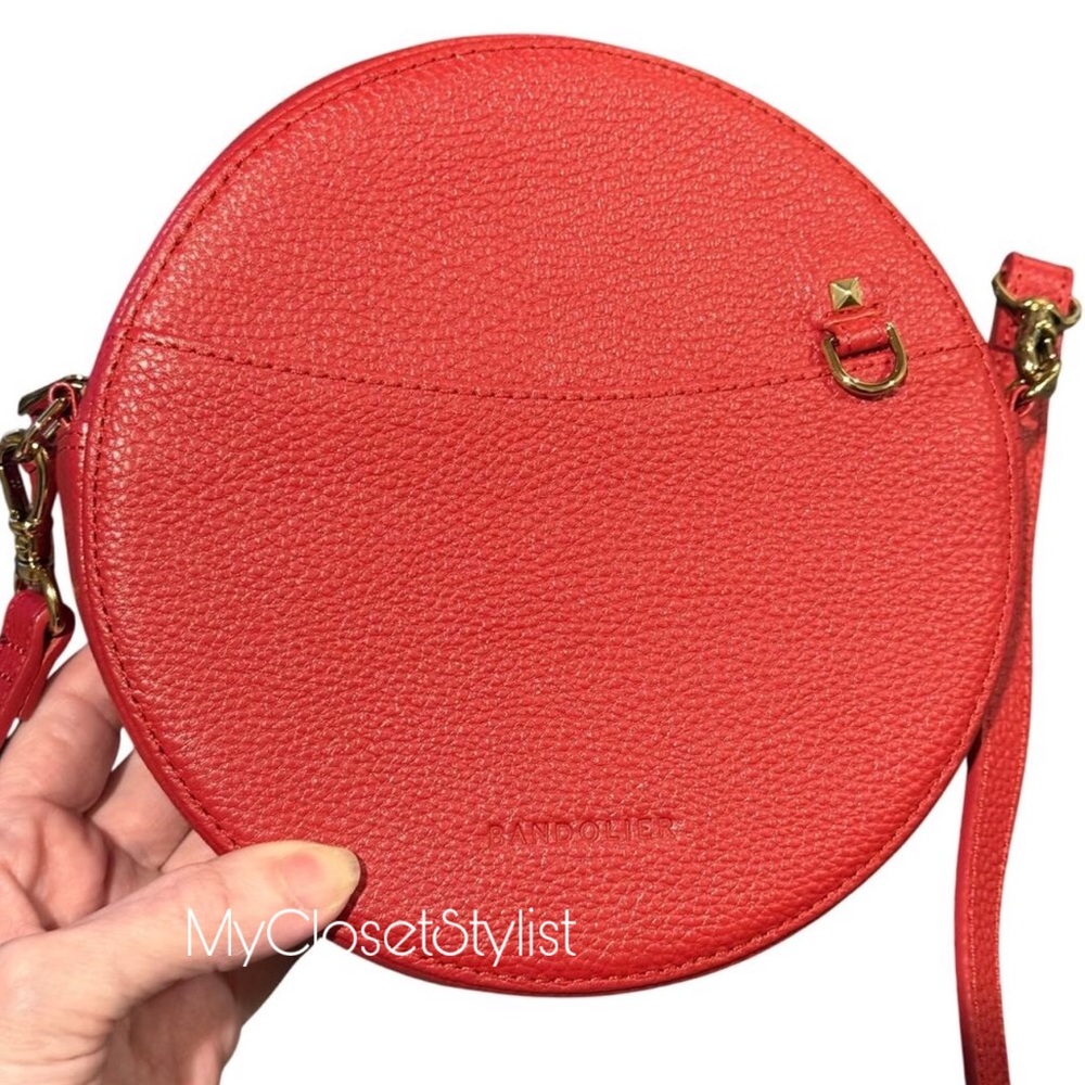 BANDOLIER Red Pebbled Leather Crossbody NEW! Retro Round Purse gold pyramid stud